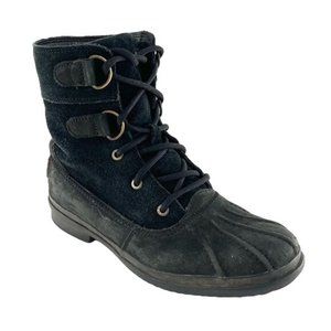 UGG Size 7 Leather Waterproof Azaria Lace Up Black Sheepskin Boots High Top